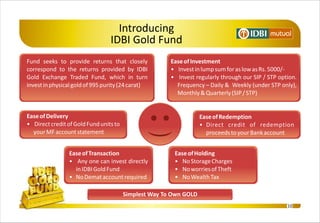 Introducing
                                 IDBI Gold Fund
Fund seeks to provide returns that closely             Ease of Investment
correspond to the returns provided by IDBI             • Invest in lump sum for as low as Rs. 5000/-
Gold Exchange Traded Fund, which in turn               • Invest regularly through our SIP / STP option.
invest in physical gold of 995 purity (24 carat)         Frequency – Daily & Weekly (under STP only),
                                                         Monthly & Quarterly (SIP / STP)


Ease of Delivery                                                   Ease of Redemption
• Direct credit of Gold Fund units to                              • Direct credit of redemption
  your MF account statement                                          proceeds to your Bank account


                Ease of Transaction                     Ease of Holding
                • Any one can invest directly           • No Storage Charges
                  in IDBI Gold Fund                     • No worries of Theft
                • No Demat account required             • No Wealth Tax

                                        Simplest Way To Own GOLD
                                                                                                   10
 