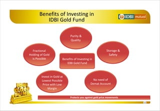 Benefits of Investing in
          IDBI Gold Fund




  Fractional
Holding of Gold
  is Possible            Benefits of Investing in
                            IDBI Gold Fund



         Invest in Gold at
         Lowest Possible                          No need of
          Price with Low                        Demat Account
              Margin

                               Protects you against gold price movements
                                                                           12
 