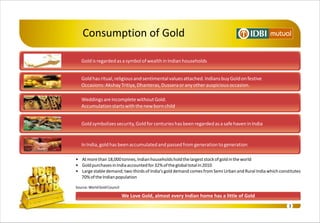 Consumption of Gold

   Gold is regarded as a symbol of wealth in Indian households


   Gold has ritual, religious and sentimental values attached. Indians buy Gold on festive
   Occasions: Akshay Tritiya, Dhanteras, Dussera or any other auspicious occasion.

   Weddings are incomplete without Gold.
   Accumulation starts with the new born child


   Gold symbolizes security, Gold for centuries has been regarded as a safe haven in India


   In India, gold has been accumulated and passed from generation to generation

• At more than 18,000 tonnes, Indian households hold the largest stock of gold in the world
• Gold purchases in India accounted for 32% of the global total in 2010
• Large stable demand; two-thirds of India's gold demand comes from Semi Urban and Rural India which constitutes
  70% of the Indian population

Source: World Gold Council

                             We Love Gold, almost every Indian home has a little of Gold
                                                                                                          3
 