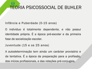 TEORIA PSICOSSOCIAL DE BUHLER
Infância e Puberdade (0-15 anos)
O indivíduo é totalmente dependente, e não possui
identidade própria. É a época pré-escolar e da primeira
fase de socialização escolar.
Juventude (15 e os 25 anos)
A autodeterminação tem ainda um carácter provisório e
de tentativa. É a época da preparação para a profissão,
dos inícios profissionais, e das relações pré-conjugais.
 