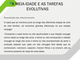 A MEIA-IDADE E AS TAREFAS
EVOLUTIVAS
Reavaliação dos relacionamento
O casal que se manteve junto ao longo das diferentes etapas do ciclo
de vida familiar, vai encontrar grandes diferenças na sua relação
conjugal.
Consoante o casal tenha ou não aprofundado a sua relação conjugal
(como casal) ou longo dos anos, e tenha ou não enriquecido a relação
conjugal ao longo dos anos e tenha ou não acompanhado de perto a
evolução pessoal que cada um dos cônjuges fará desde que se
conheceram, namoram, casaram, tiveram filhos e os criaram, até ao
momento presente de casal de meia-idade.
 