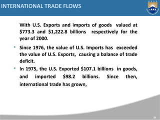 52
With U.S. Exports and imports of goods valued at
$773.3 and $1,222.8 billions respectively for the
year of 2000.
• Since 1976, the value of U.S. Imports has exceeded
the value of U.S. Exports, causing a balance of trade
deficit.
• In 1975, the U.S. Exported $107.1 billions in goods,
and imported $98.2 billions. Since then,
international trade has grown,
INTERNATIONAL TRADE FLOWS
 
