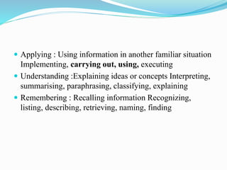  Applying : Using information in another familiar situation
Implementing, carrying out, using, executing
 Understanding :Explaining ideas or concepts Interpreting,
summarising, paraphrasing, classifying, explaining
 Remembering : Recalling information Recognizing,
listing, describing, retrieving, naming, finding
 
