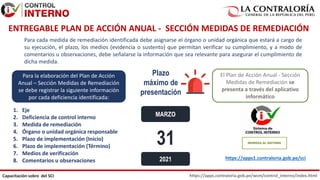 https://apps.contraloria.gob.pe/wcm/control_interno/index.html
Capacitación sobre del SCI
Para cada medida de remediación identificada debe asignarse el órgano o unidad orgánica que estará a cargo de
su ejecución, el plazo, los medios (evidencia o sustento) que permitan verificar su cumplimiento, y a modo de
comentarios u observaciones, debe señalarse la información que sea relevante para asegurar el cumplimiento de
dicha medida.
El Plan de Acción Anual - Sección
Medidas de Remediación se
presenta a través del aplicativo
informático
https://apps1.contraloria.gob.pe/sci
Para la elaboración del Plan de Acción
Anual – Sección Medidas de Remediación
se debe registrar la siguiente información
por cada deficiencia identificada:
1. Eje
2. Deficiencia de control interno
3. Medida de remediación
4. Órgano o unidad orgánica responsable
5. Plazo de implementación (Inicio)
6. Plazo de implementación (Término)
7. Medios de verificación
8. Comentarios u observaciones
ENTREGABLE PLAN DE ACCIÓN ANUAL - SECCIÓN MEDIDAS DE REMEDIACIÓN
31
Plazo
máximo de
presentación
2021
MARZO
 