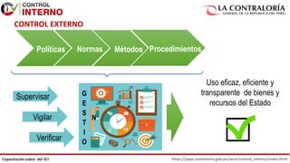https://apps.contraloria.gob.pe/wcm/control_interno/index.html
Capacitación sobre del SCI
Uso eficaz, eficiente y
transparente de bienes y
recursos del Estado
Normas Métodos Procedimientos
Políticas
Supervisar
Vigilar
Verificar
G
E
S
T
I
O
N
CONTROL EXTERNO
 