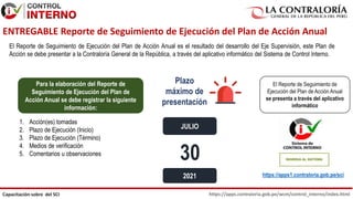 https://apps.contraloria.gob.pe/wcm/control_interno/index.html
Capacitación sobre del SCI
El Reporte de Seguimiento de Ejecución del Plan de Acción Anual es el resultado del desarrollo del Eje Supervisión, este Plan de
Acción se debe presentar a la Contraloría General de la República, a través del aplicativo informático del Sistema de Control Interno.
30
Plazo
máximo de
presentación
2021
El Reporte de Seguimiento de
Ejecución del Plan de Acción Anual
se presenta a través del aplicativo
informático
https://apps1.contraloria.gob.pe/sci
Para la elaboración del Reporte de
Seguimiento de Ejecución del Plan de
Acción Anual se debe registrar la siguiente
información:
1. Acción(es) tomadas
2. Plazo de Ejecución (Inicio)
3. Plazo de Ejecución (Término)
4. Medios de verificación
5. Comentarios u observaciones
ENTREGABLE Reporte de Seguimiento de Ejecución del Plan de Acción Anual
JULIO
 