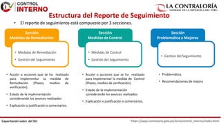 https://apps.contraloria.gob.pe/wcm/control_interno/index.html
Capacitación sobre del SCI
Estructura del Reporte de Seguimiento
Sección
Medidas de Remediación
• Medidas de Remediación
• Gestión del Seguimiento
Sección
Medidas de Control
• Medidas de Control
• Gestión del Seguimiento
Sección
Problemática y Mejoras
• Gestión del Seguimiento
• El reporte de seguimiento está compuesto por 3 secciones.
• Acción o acciones que se ha realizado
para Implementar la medida de
Remediación (Plazos, medios de
verificación).
• Estado de la implementación
considerando los avances realizados
• Explicación o justificación o comentarios.
• Acción o acciones que se ha realizado
para Implementar la medida de Control
(Plazos, medios de verificación).
• Estado de la implementación
considerando los avances realizados
• Explicación o justificación o comentarios.
• Problemática.
• Recomendaciones de mejora
 