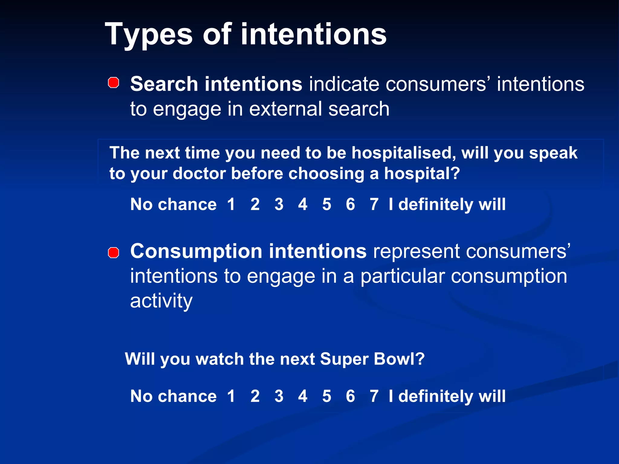 Types of intentions Search intentions  indicate consumers’ intentions to engage in external search No chance  1  2  3  4  5  6  7  I definitely will The next time you need to be hospitalised, will you speak to your doctor before choosing a hospital?  Consumption intentions  represent consumers’ intentions to engage in a particular consumption activity No chance  1  2  3  4  5  6  7  I definitely will Will you watch the next Super Bowl?  