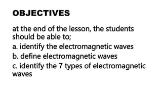 OBJECTIVES
at the end of the lesson, the students
should be able to;
a. identify the electromagnetic waves
b. define electromagnetic waves
c. identify the 7 types of electromagnetic
waves
 