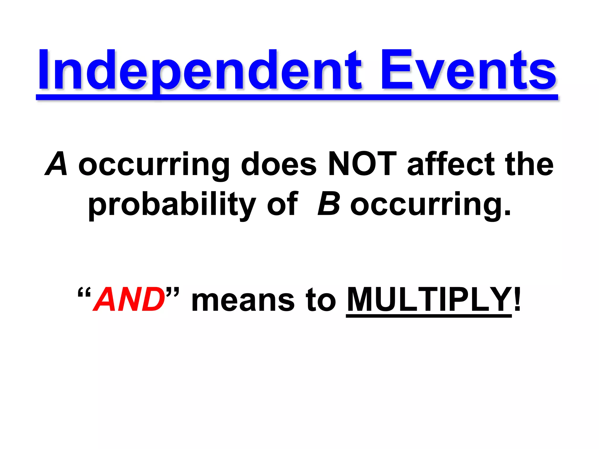 Independent Events
A occurring does NOT affect the
probability of B occurring.
“AND” means to MULTIPLY!