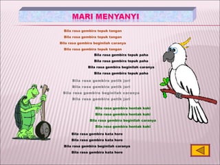 Bila rasa gembira tepuk tangan Bila rasa gembira tepuk tangan Bila rasa gembira beginilah caranya Bila rasa gembira tepuk tangan Bila rasa gembira tepuk paha Bila rasa gembira tepuk paha Bila rasa gembira beginilah caranya Bila rasa gembira tepuk paha Bila rasa gembira petik jari Bila rasa gembira petik jari Bila rasa gembira beginilah caranya Bila rasa gembira petik jari Bila rasa gembira hentak kaki Bila rasa gembira hentak kaki Bila rasa gembira beginilah caranya Bila rasa gembira hentak kaki Bila rasa gembira kata hore Bila rasa gembira kata hore Bila rasa gembira beginilah caranya Bila rasa gembira kata hore 