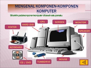 CPU SCREEN MONITOR CD / DVD MOUSE HARD DISK SPEAKER TUMBDRIVE RINTER KEYBOARD Sila klik pada komponen komputer dibawah satu persatu. 