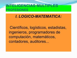 INTELIGENCIAS MULTIPLESPROFESIONESI. LOGICO-MATEMATICA:    Científicos, logísticos, estadistas, ingenieros, programadores de computación, matemáticos, contadores, auditores...