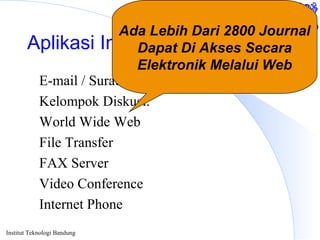 Institut Teknologi Bandung
Aplikasi Internet Di Pendidikan
E-mail / Surat Elektronik.
Kelompok Diskusi.
World Wide Web
File Transfer
FAX Server
Video Conference
Internet Phone
Ada Lebih Dari 2800 Journal
Dapat Di Akses Secara
Elektronik Melalui Web
 
