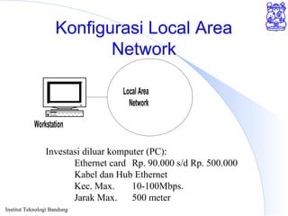 Institut Teknologi Bandung
Konfigurasi Local Area
Network
Workstation
Local Area
Network
Investasi diluar komputer (PC):
Ethernet card Rp. 90.000 s/d Rp. 500.000
Kabel dan Hub Ethernet
Kec. Max. 10-100Mbps.
Jarak Max. 500 meter
 