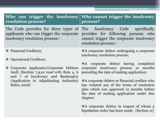 Who can trigger the insolvency
resolution process?
Who cannot trigger the insolvency
process?
The Code provides for three types of
applicants who can trigger the corporate
insolvency resolution process:-
The Insolvency Code specifically
provides for following persons who
cannot trigger the corporate insolvency
resolution process:-
 Financial Creditors;
 Operational Creditors;
 Corporate Applicants/Corporate Debtors
itself. [Section 7,9,10 read with Rule 4, 6
and 7 of Insolvency and Bankruptcy
(Application to Adjudicating Authority)
Rules, 2016]
A corporate debtor undergoing a corporate
insolvency resolution process;
A corporate debtor having completed
corporate insolvency process 12 months
preceding the date of making application;
A corporate debtor or financial creditor who
has violated any of the terms of resolution
plan which was approved 12 months before
the date of making application under this
chapter;
A corporate debtor in respect of whom a
liquidation order has been made. [Section 11]
 