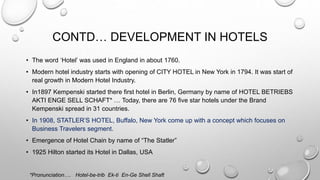 CONTD… DEVELOPMENT IN HOTELS
• The word ‘Hotel’ was used in England in about 1760.
• Modern hotel industry starts with opening of CITY HOTEL in New York in 1794. It was start of
real growth in Modern Hotel Industry.
• In1897 Kempenski started there first hotel in Berlin, Germany by name of HOTEL BETRIEBS
AKTI ENGE SELL SCHAFT* … Today, there are 76 five star hotels under the Brand
Kempenski spread in 31 countries.
• In 1908, STATLER’S HOTEL, Buffalo, New York come up with a concept which focuses on
Business Travelers segment.
• Emergence of Hotel Chain by name of “The Statler”
• 1925 Hilton started its Hotel in Dallas, USA
*Pronunciation…. Hotel-be-trib Ek-ti En-Ge Shell Shaft
 