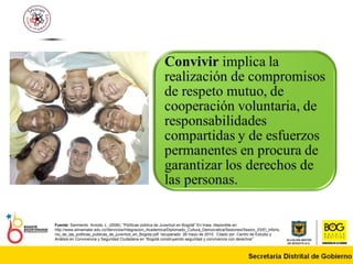 Fuente:  Sarmiento  Anzola, L. (2006), “Políticas pública de Juventud en Bogotá” En línea, disponible en: http://www.almamater.edu.co/Servicios/Integracion_Academica/Diplomado_Cultura_Democratica/Sesiones/Sesion_03/El_infortunio_de_las_politicas_publicas_de_juventud_en_Bogota.pdf, recuperado: 26 mayo de 2010.  Citado por  Centro de Estudio y Análisis en Convivencia y Seguridad Ciudadana  en “Bogotá construyendo seguridad y convivencia con derechos” 