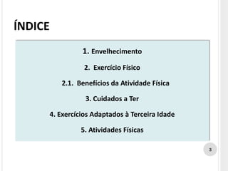 ÍNDICE
1. Envelhecimento
2. Exercício Físico
2.1. Benefícios da Atividade Física
3. Cuidados a Ter
4. Exercícios Adaptados à Terceira Idade
5. Atividades Físicas
3
 