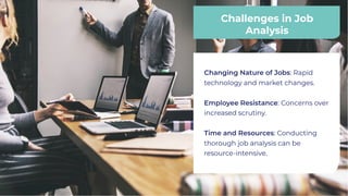 Challenges in Job
Analysis
Challenges in Job
Analysis
Changing Nature of Jobs: Rapid
technology and market changes.
Employee Resistance: Concerns over
increased scrutiny.
Time and Resources: Conducting
thorough job analysis can be
resource-intensive.
Changing Nature of Jobs: Rapid
technology and market changes.
Employee Resistance: Concerns over
increased scrutiny.
Time and Resources: Conducting
thorough job analysis can be
resource-intensive.
 