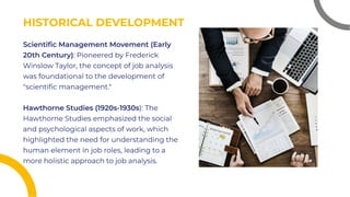 HISTORICAL DEVELOPMENT
HISTORICAL DEVELOPMENT
Scientiﬁc Management Movement (Early
20th Century): Pioneered by Frederick
Winslow Taylor, the concept of job analysis
was foundational to the development of
"scientiﬁc management."
Hawthorne Studies (1920s-1930s): The
Hawthorne Studies emphasized the social
and psychological aspects of work, which
highlighted the need for understanding the
human element in job roles, leading to a
more holistic approach to job analysis.
Scientiﬁc Management Movement (Early
20th Century): Pioneered by Frederick
Winslow Taylor, the concept of job analysis
was foundational to the development of
"scientiﬁc management."
Hawthorne Studies (1920s-1930s): The
Hawthorne Studies emphasized the social
and psychological aspects of work, which
highlighted the need for understanding the
human element in job roles, leading to a
more holistic approach to job analysis.
 