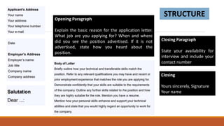 STRUCTURE
Opening Paragraph
Explain the basic reason for the application letter.
What job are you applying for? When and where
did you see the position advertised. If it is not
advertised, state how you heard about the
position.
Closing Paragraph
State your availability for
interview and include your
contact number
Closing
Yours sincerely, Signature
Your name
 