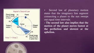 • Second law of planetary motion
states that the imaginary line segment
connecting a planet to the sun sweeps
out equal time intervals.
- The second law also implies that the
motion of the planet moves fastest at
the perihelion and slowest at the
aphelion.
 