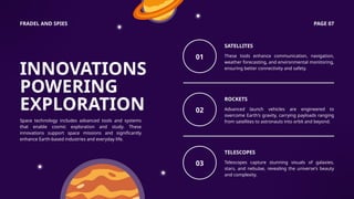 FRADEL AND SPIES PAGE 07
SATELLITES
These tools enhance communication, navigation,
weather forecasting, and environmental monitoring,
ensuring better connectivity and safety.
01
INNOVATIONS
POWERING
EXPLORATION
Space technology includes advanced tools and systems
that enable cosmic exploration and study. These
innovations support space missions and significantly
enhance Earth-based industries and everyday life.
ROCKETS
Advanced launch vehicles are engineered to
overcome Earth's gravity, carrying payloads ranging
from satellites to astronauts into orbit and beyond.
02
TELESCOPES
Telescopes capture stunning visuals of galaxies,
stars, and nebulae, revealing the universe's beauty
and complexity.
03
 