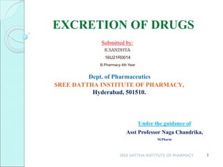 EXCRETION OF DRUGS
Dept. of Pharmaceutics
SREE DATTHA INSTITUTE OF PHARMACY,
Hyderabad, 501510.
Under the guidance of
Asst Professor Naga Chandrika,
M.Pharm
SREE DATTHA INSTITUTE OF PHARMACY 1
Submitted by:
K.SANDHYA
16U21R0014
B.Pharmacy 4th Year
 