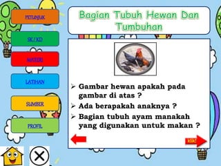  Gambar hewan apakah pada
gambar di atas ?
 Ada berapakah anaknya ?
 Bagian tubuh ayam manakah
yang digunakan untuk makan ?
PETUNJUK
SK/ KD
MATERI
LATIHAN
SUMBER
PROFIL
 