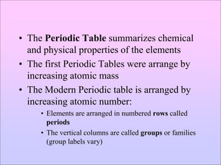 • The Periodic Table summarizes chemical
and physical properties of the elements
• The first Periodic Tables were arrange by
increasing atomic mass
• The Modern Periodic table is arranged by
increasing atomic number:
• Elements are arranged in numbered rows called
periods
• The vertical columns are called groups or families
(group labels vary)
 