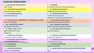 .
CASOS EN MONOSÍLABOS:
 él : pronombre personal tónico.
Me lo dijo él
 el : artículo
El conductorparó de un frenazo el autobús.
 tú : pronombre personal tónico.
Tú siempre dices la verdad.
 tu : determinanteposesivo.
¿Dónde has puesto tuabrigo ?
 mí : pronombre personal.
¿tienesalgo para mí ?
 mi : determinanteposesivo.
Te invito a cenar a mi casa.
Sustantivo: El mi ha sonado desafinado.
 té : sustantivocon el significado de “bebida,plantau hoja”
Toma una taza de té.
 te : pronombre personal átono.
Te he comprado un par de zapatos.
 más : adverbio de cantidad
Dos más dos son cuatro.
 mas : conjunción adversativa.
Quiso convencerlo,mas fue imposible
 sé : verbo “saber” y “ser”.
Sé benevolentecon ellos.
Sólo sé eso.
 se : pronombre personal átono.
Se comió el pastel.
 sí : adverbio de afirmación.
Esta vez sí la habían invitado.
 si : conjunción subordinante condicional.
Si llueve, no saldremos.
 sí : pronombre personal reflexiva
solo habla de sí mismo.
 si : sustantivo(nombre de la nota musical).
Una composición en si.
 de : preposición.
Un vestido deseda.
 dé : forma del verbo dar.
Dé usted lasgracias.
 o : conjunción disyuntiva .
¿Vamos o nos quedamos?
 ó : cuando aparece escrita entre dos cifras llevará tilde.
3 ó 4
 