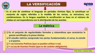 Prof. Orlis E. García Calle
LA VERSIFICACIÓN
Prof. Orlis E. García Calle
Es el arte de combinar el lenguaje en periodos rítmicos fijos, la constituye un
conjunto de reglas referidas a la medida de los versos, su estructura, sus
combinaciones. En la lengua española la versificación se basa en el número de
sílabas en correspondencia con la distribución de los acentos.
La métrica
 Es el conjunto de regularidades formales y sistemáticas que caracteriza la
poesía versificada y la prosa rítmica.
 El estudio métrico comprende tres partes fundamentales: el verso, la estrofa
y el poema.
 • Las Licencias Poéticas (que se pueden utilizar o no).
 • La Ley de Acentos Finales (que es de carácter obligatorio).
 