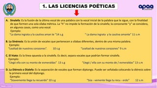 Prof. Orlis E. García Calle
A. Sinalefa: Es la fusión de la última vocal de una palabra con la vocal inicial de la palabra que le sigue, con la finalidad
de que formen una sola sílaba métrica. La “h” no impide la formación de la sinalefa; la consonante “y” se considera,
en algunos casos, como una vocal.
Ejemplo:
“La dama ingrata y la cautiva aman te ”14 s.g “ La dama ingrata y la cautiva amante” 11 s.m
B. La Sinéresis: Es la unión de vocales que pertenecen a sílabas diferentes, dentro de una misma palabra.
Ejemplo:
“Lealtad de nuestros corazones”. 10 s.g “Lealtad de nuestros corazones” 9 s.m
C. El hiato: Es la línea opuesta a la sinalefa. Es decir, separa vocales que podrían formar sinalefa.
Ejemplo:
“Llegó ella con su monto de esmeraldas” 13 s.g “Llegó / ella con su monto de / esmeraldas” 13 s.m
D. La Diéresis o Dialefa: Es la separación de vocales que forman diptongo. Puede ser señalada colocando la diéresis sobre
la primera vocal del diptongo.
Ejemplo:
“Süavemente llega tu recuerdo” 10 s.g “Süa - vemente llega tu recu - erdo” 12 s.m
1. LAS LICENCIAS POÉTICAS
 