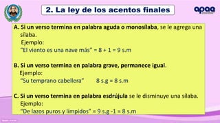 Prof. Orlis E. García Calle
2. La ley de los acentos finales
A. Si un verso termina en palabra aguda o monosílaba, se le agrega una
sílaba.
Ejemplo:
“El viento es una nave más” = 8 + 1 = 9 s.m
B. Si un verso termina en palabra grave, permanece igual.
Ejemplo:
“Su temprano cabellera” 8 s.g = 8 s.m
C. Si un verso termina en palabra esdrújula se le disminuye una sílaba.
Ejemplo:
“De lazos puros y límpidos” = 9 s.g -1 = 8 s.m
 