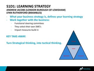 S1D1: LEARNING STRATEGY
ANDREW JACOBS (LONDON BUROUGH OF LEWISHAM)
LYNN RUTHERFORD (BRAMBLES)
- What your business strategy is, defines your learning strategy
- Work together with the business:
- Functional steering commitees
- They select their own SME’s
- Impact measures build in
KEY TAKE-AWAY:
Turn Strategical thinking, into tactical thinking.
Strategy
Operational
Tactics
Transactional
 