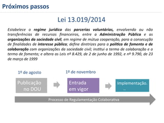 Publicação 
no 
DOU 
Lei 
13.019/2014 
Entrada 
em 
vigor 
1º 
de 
agosto 
1º 
de 
novembro 
Estabelece 
o 
regime 
jurídico 
das 
parcerias 
voluntárias, 
envolvendo 
ou 
não 
transferências 
de 
recursos 
financeiros, 
entre 
a 
Administração 
Pública 
e 
as 
organizações 
da 
sociedade 
civil, 
em 
regime 
de 
mútua 
cooperação, 
para 
a 
consecução 
de 
finalidades 
de 
interesse 
público; 
define 
diretrizes 
para 
a 
polí>ca 
de 
fomento 
e 
de 
colaboração 
com 
organizações 
da 
sociedade 
civil; 
ins>tui 
o 
termo 
de 
colaboração 
e 
o 
termo 
de 
fomento; 
e 
altera 
as 
Leis 
nº 
8.429, 
de 
2 
de 
junho 
de 
1992, 
e 
nº 
9.790, 
de 
23 
de 
março 
de 
1999 
Implementação. 
.. 
Próximos 
passos 
Processo 
de 
Regulamentação 
ColaboraRva 
 