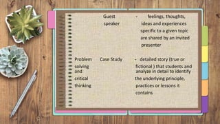 Guest - feelings, thoughts,
speaker ideas and experiences
specific to a given topic
are shared by an invited
presenter
Problem Case Study - detailed story (true or
solving fictional ) that students and
and analyze in detail to identify
critical the underlying principle,
thinking practices or lessons it
contains
 