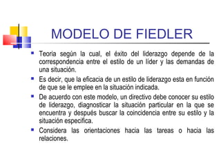 MODELO DE FIEDLER
 Teoria según la cual, el éxito del liderazgo depende de la
correspondencia entre el estilo de un líder y las demandas de
una situación.
 Es decir, que la eficacia de un estilo de liderazgo esta en función
de que se le emplee en la situación indicada.
 De acuerdo con este modelo, un directivo debe conocer su estilo
de liderazgo, diagnosticar la situación particular en la que se
encuentra y después buscar la coincidencia entre su estilo y la
situación especifica.
 Considera las orientaciones hacia las tareas o hacia las
relaciones.
 