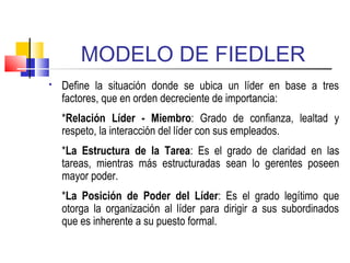 MODELO DE FIEDLER
 Define la situación donde se ubica un líder en base a tres
factores, que en orden decreciente de importancia:
*Relación Líder - Miembro: Grado de confianza, lealtad y
respeto, la interacción del líder con sus empleados.
*La Estructura de la Tarea: Es el grado de claridad en las
tareas, mientras más estructuradas sean lo gerentes poseen
mayor poder.
*La Posición de Poder del Líder: Es el grado legítimo que
otorga la organización al líder para dirigir a sus subordinados
que es inherente a su puesto formal.
 