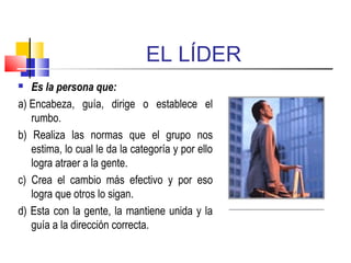 EL LÍDER
 Es la persona que:
a) Encabeza, guía, dirige o establece el
rumbo.
b) Realiza las normas que el grupo nos
estima, lo cual le da la categoría y por ello
logra atraer a la gente.
c) Crea el cambio más efectivo y por eso
logra que otros lo sigan.
d) Esta con la gente, la mantiene unida y la
guía a la dirección correcta.
 