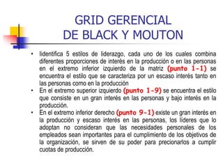 GRID GERENCIAL
DE BLACK Y MOUTON
• Iidentifica 5 estilos de liderazgo, cada uno de los cuales combina
diferentes proporciones de interés en la producción o en las personas
en el extremo inferior izquierdo de la matriz (punto 1-1) se
encuentra el estilo que se caracteriza por un escaso interés tanto en
las personas como en la producción
• En el extremo superior izquierdo (punto 1-9) se encuentra el estilo
que consiste en un gran interés en las personas y bajo interés en la
producción.
• En el extremo inferior derecho (punto 9-1) existe un gran interés en
la producción y escaso interés en las personas, los líderes que lo
adoptan no consideran que las necesidades personales de los
empleados sean importantes para el cumplimiento de los objetivos de
la organización, se sirven de su poder para precionarlos a cumplir
cuotas de producción.
 