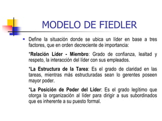 MODELO DE FIEDLER
 Define la situación donde se ubica un líder en base a tres
factores, que en orden decreciente de importancia:
*Relación Líder - Miembro: Grado de confianza, lealtad y
respeto, la interacción del líder con sus empleados.
*La Estructura de la Tarea: Es el grado de claridad en las
tareas, mientras más estructuradas sean lo gerentes poseen
mayor poder.
*La Posición de Poder del Líder: Es el grado legítimo que
otorga la organización al líder para dirigir a sus subordinados
que es inherente a su puesto formal.
 