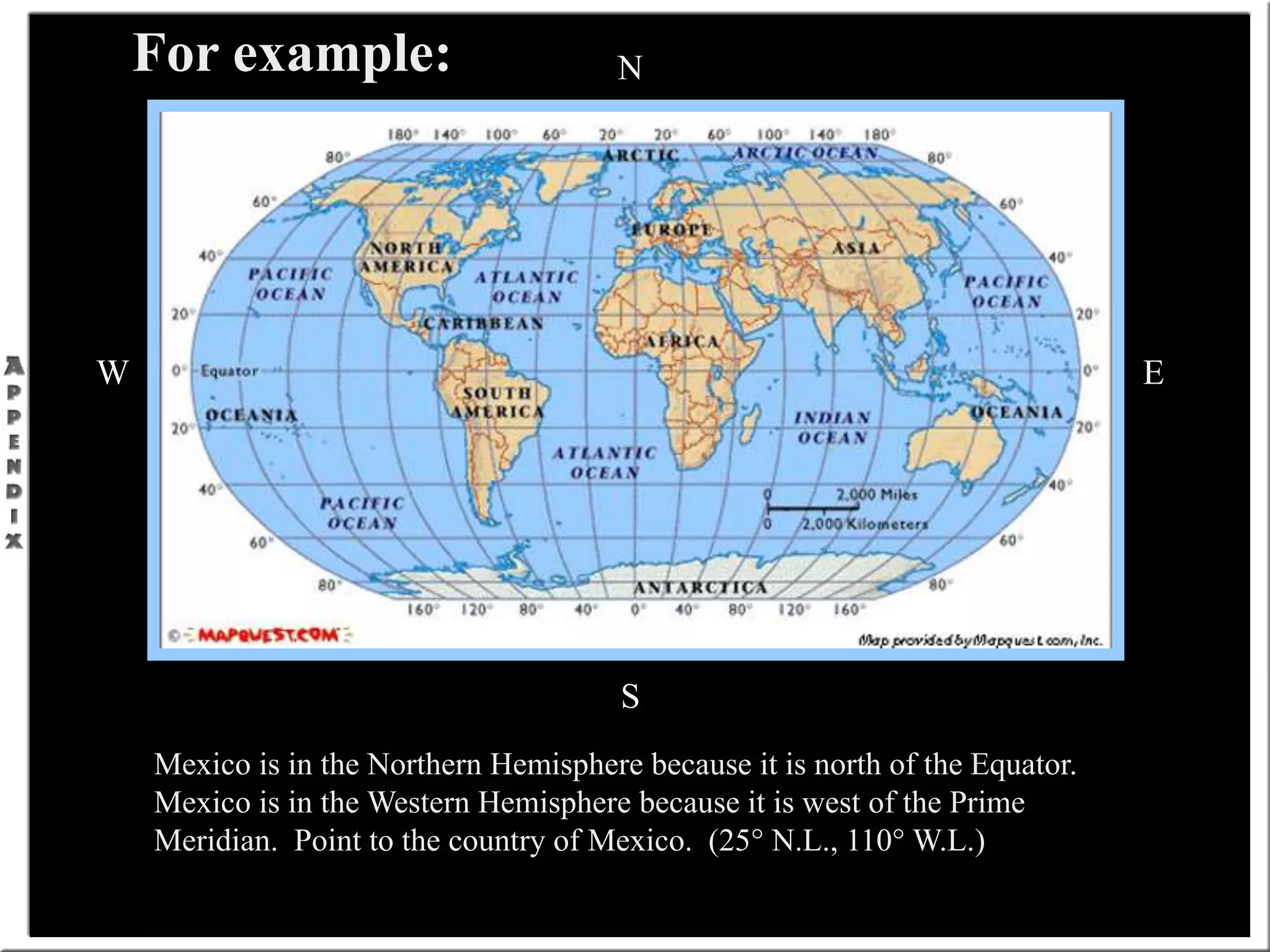 N
W E
S
For example:
Mexico is in the Northern Hemisphere because it is north of the Equator.
Mexico is in the Western Hemisphere because it is west of the Prime
Meridian. Point to the country of Mexico. (25° N.L., 110° W.L.)
 