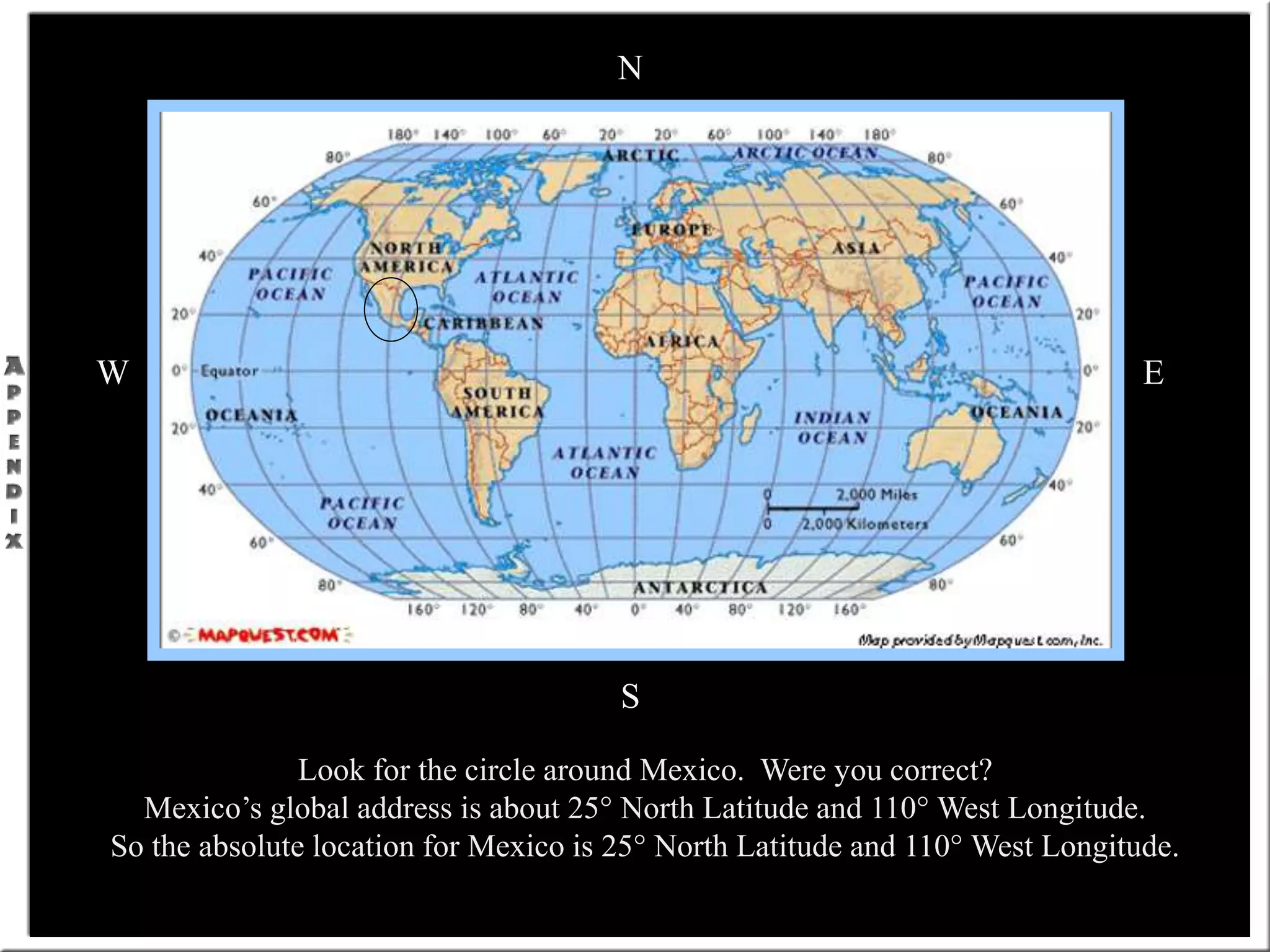 Look for the circle around Mexico. Were you correct?
Mexico’s global address is about 25° North Latitude and 110° West Longitude.
So the absolute location for Mexico is 25° North Latitude and 110° West Longitude.
N
W E
S
 
