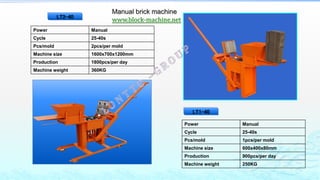 Power Manual
Cycle 25-40s
Pcs/mold 1pcs/per mold
Machine size 600x400x80mm
Production 900pcs/per day
Machine weight 250KG
Power Manual
Cycle 25-40s
Pcs/mold 2pcs/per mold
Machine size 1600x700x1200mm
Production 1800pcs/per day
Machine weight 360KG
Manual brick machine
www.block-machine.netLT2-40
LT1-40
 