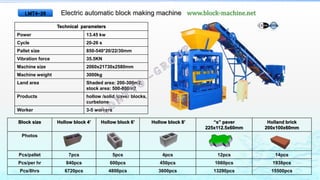 Electric automatic block making machine www.block-machine.net
Technical parameters
Power 13.45 kw
Cycle 20-26 s
Pallet size 850-540*20/22/30mm
Vibration force 35.5KN
Machine size 2060x21730x2580mm
Machine weight 3000kg
Land area Shaded area: 200-300m2;
stock area: 500-800m2
Products hollow /solid /paver blocks,
curbstone
Worker 3-5 workers
Block size Hollow block 4’ Hollow block 6’ Hollow block 8’ “s” paver
225x112.5x60mm
Holland brick
200x100x60mm
Photos
Pcs/pallet 7pcs 5pcs 4pcs 12pcs 14pcs
Pcs/per hr 840pcs 600pcs 450pcs 1660pcs 1938pcs
Pcs/8hrs 6720pcs 4800pcs 3600pcs 13290pcs 15500pcs
LMT4-26
 