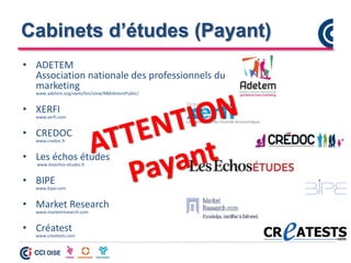 Cabinets d’études (Payant)
• ADETEM
Association nationale des professionnels du
marketing
www.adetem.org/xwiki/bin/view/NBAdetemPublic/
• XERFI
www.xerfi.com
• CREDOC
www.credoc.fr
• Les échos études
www.lesechos-etudes.fr
• BIPE
www.bipe.com
• Market Research
www.marketresearch.com
• Créatest
www.creatests.com
 