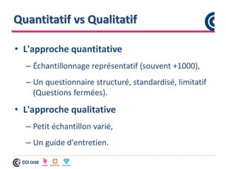 Quantitatif vs Qualitatif
• L'approche quantitative
– Échantillonnage représentatif (souvent +1000),
– Un questionnaire structuré, standardisé, limitatif
(Questions fermées).
• L'approche qualitative
– Petit échantillon varié,
– Un guide d'entretien.
 