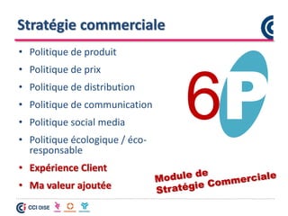 Stratégie commerciale
• Politique de produit
• Politique de prix
• Politique de distribution
• Politique de communication
• Politique social media
• Politique écologique / éco-
responsable
• Expérience Client
• Ma valeur ajoutée
6P
 